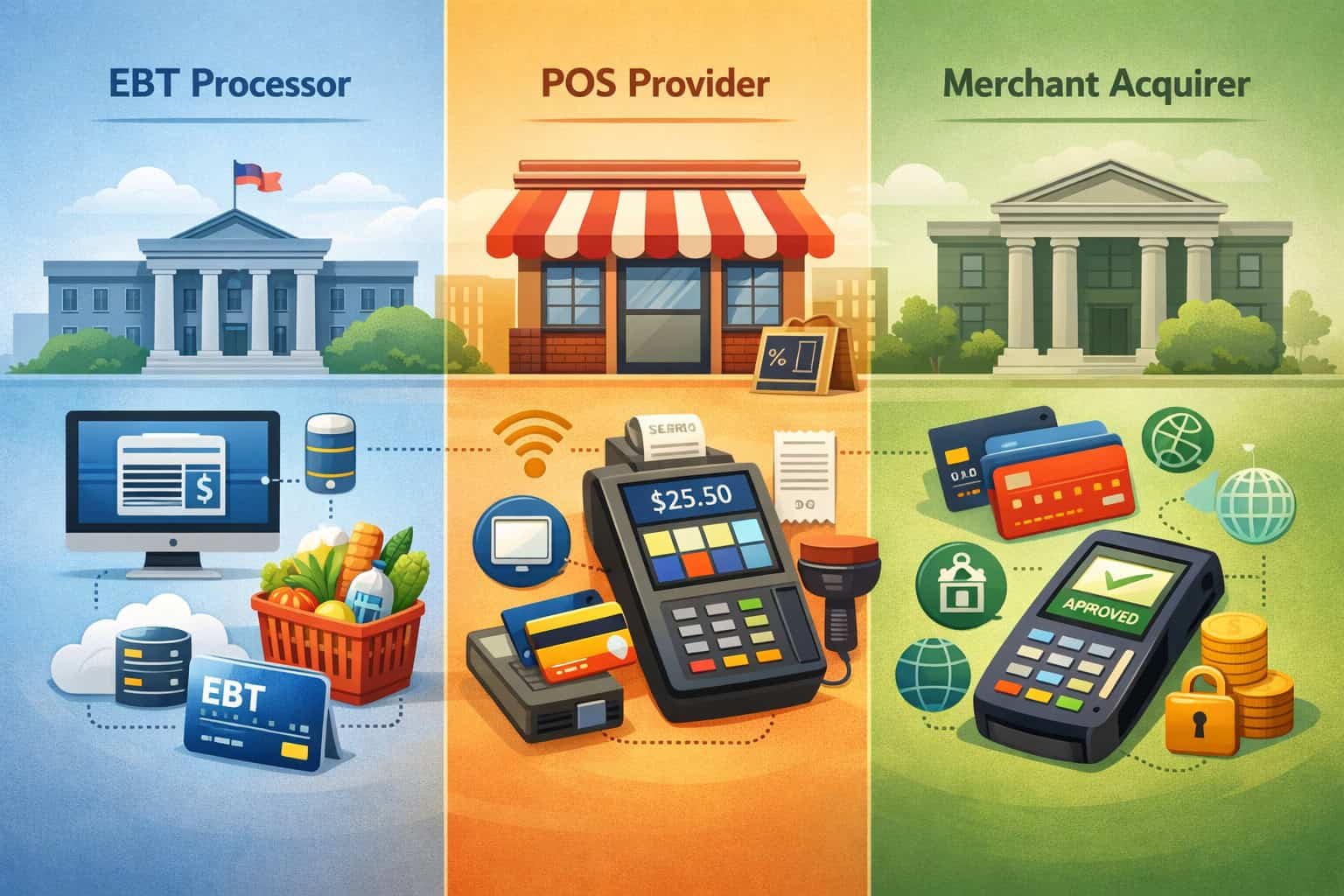 Third-Party Processor for EBT vs. POS Provider vs. Merchant Acquirer