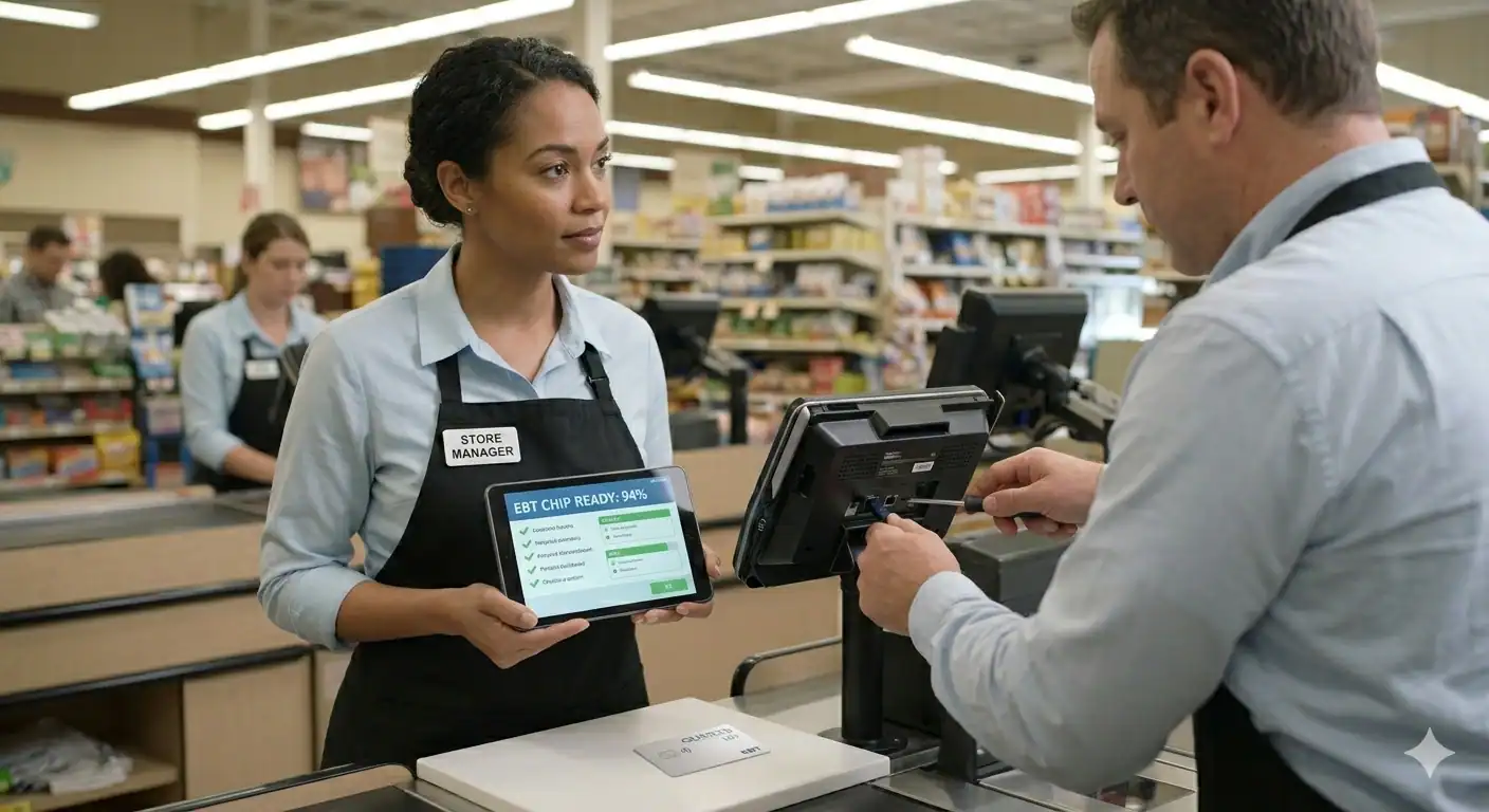 A diverse retail manager holding a portable tablet with a fictional analytical dashboard displaying EBT CHIP READY