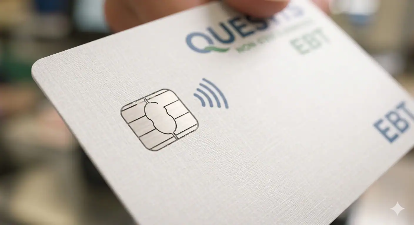 Macro view of a new generic SNAP EBT card showing the embedded EMV chip and the contactless tap symbol.