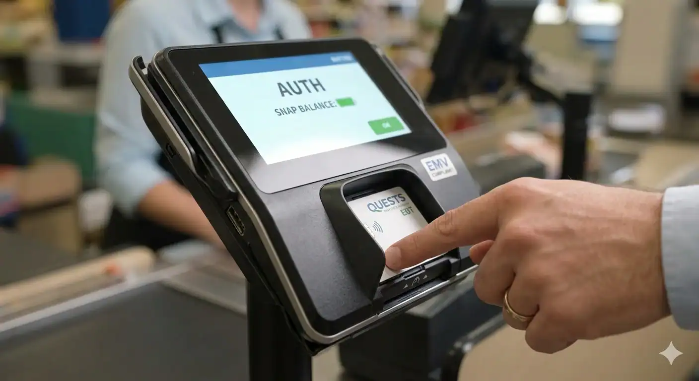 A customer inserting a new SNAP EBT card into the chip reader of a modern point-of-sale terminal at a supermarket checkout.