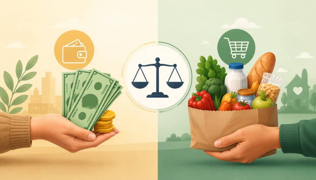 Illustration comparing cash assistance benefits and SNAP food benefits with wallet, money, grocery bag, fresh produce, and balance scale icons