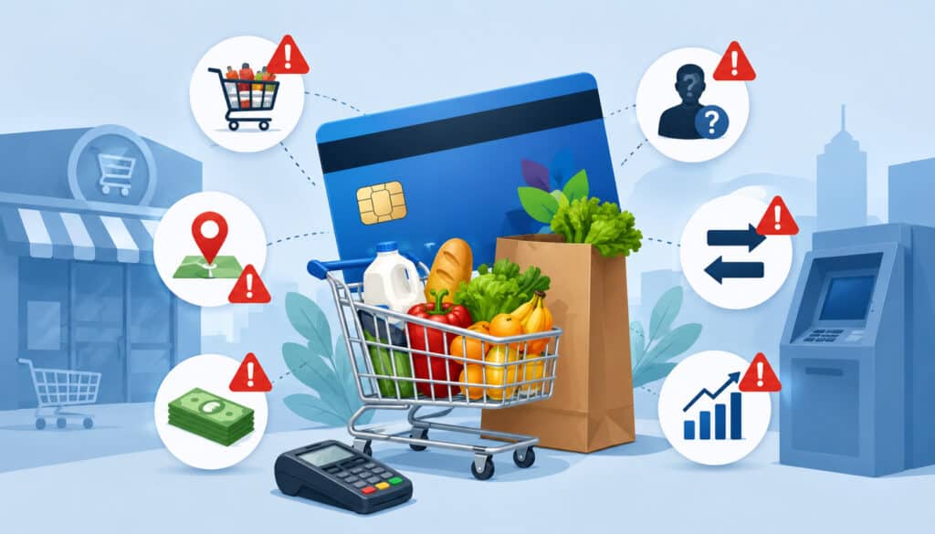 Illustration of SNAP benefit card transaction monitoring with grocery shopping cart, payment terminal, warning icons, cash symbols, location alerts, and suspicious activity indicators in a retail environment
