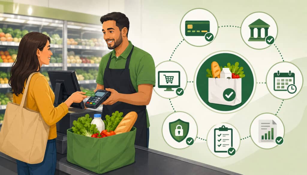 Illustration of a grocery store merchant processing SNAP EBT payments at checkout, featuring a payment terminal, fresh groceries, and icons representing secure payment processing, approval, reporting, and merchant services