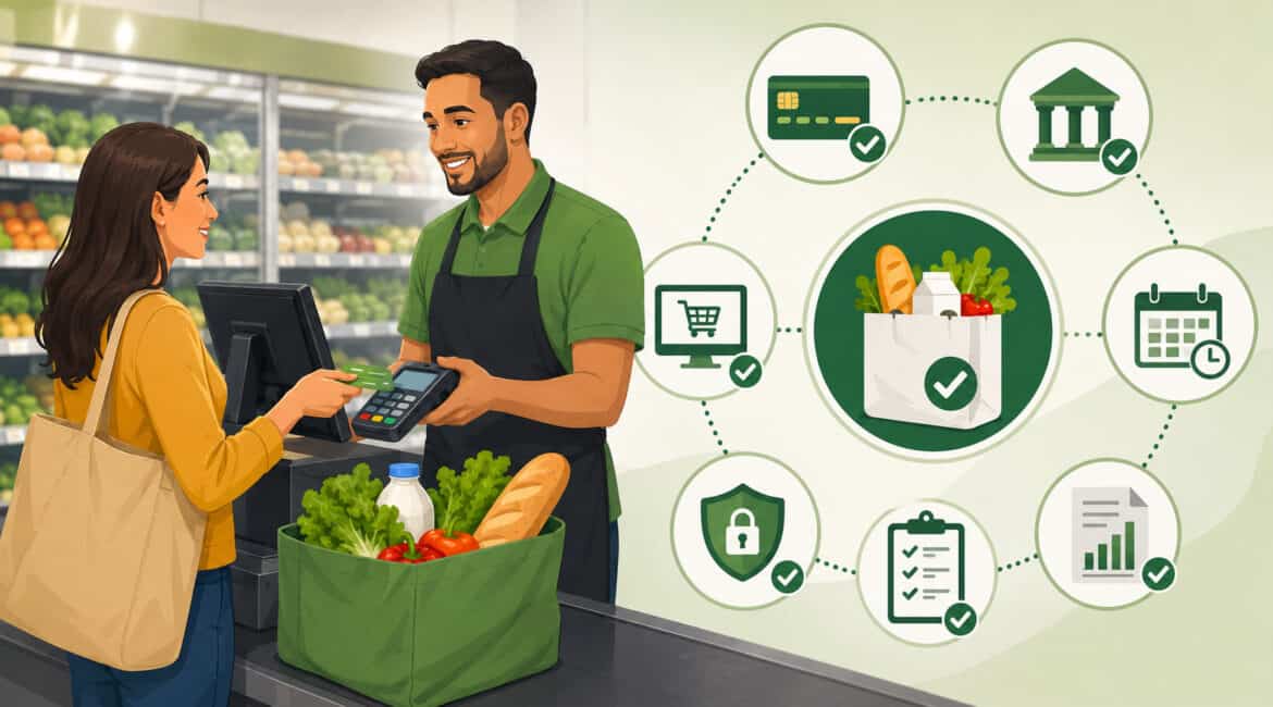 Illustration of a grocery store merchant processing SNAP EBT payments at checkout, featuring a payment terminal, fresh groceries, and icons representing secure payment processing, approval, reporting, and merchant services