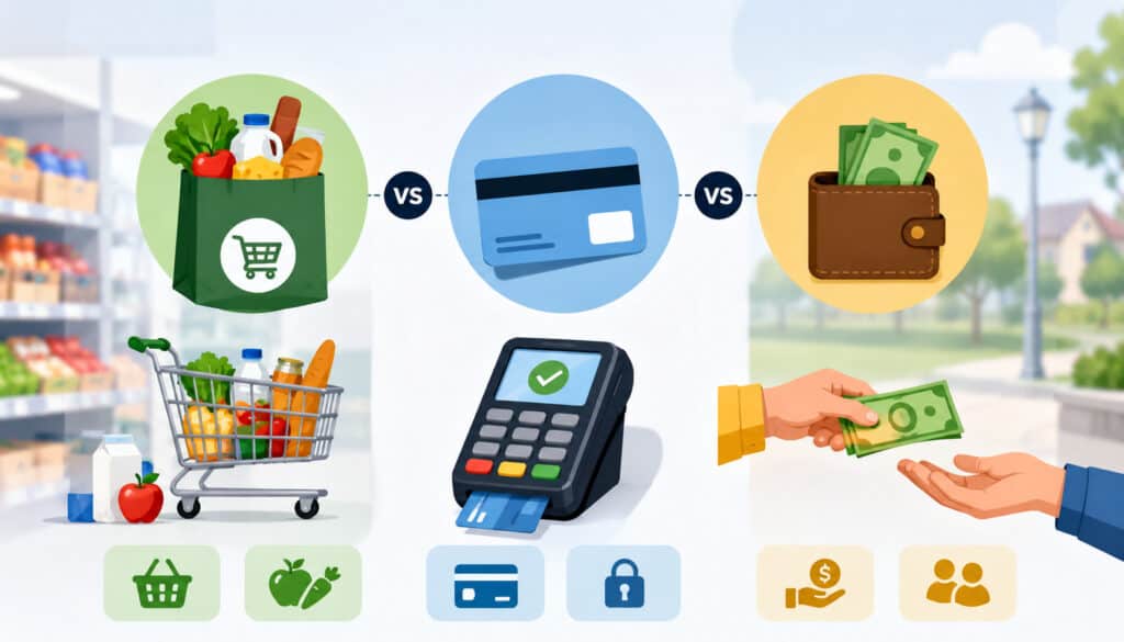Illustration comparing SNAP food benefits, EBT card payments, and cash assistance with grocery items, payment terminal, wallet, and financial icons