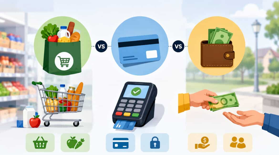 Illustration comparing SNAP food benefits, EBT card payments, and cash assistance with grocery items, payment terminal, wallet, and financial icons