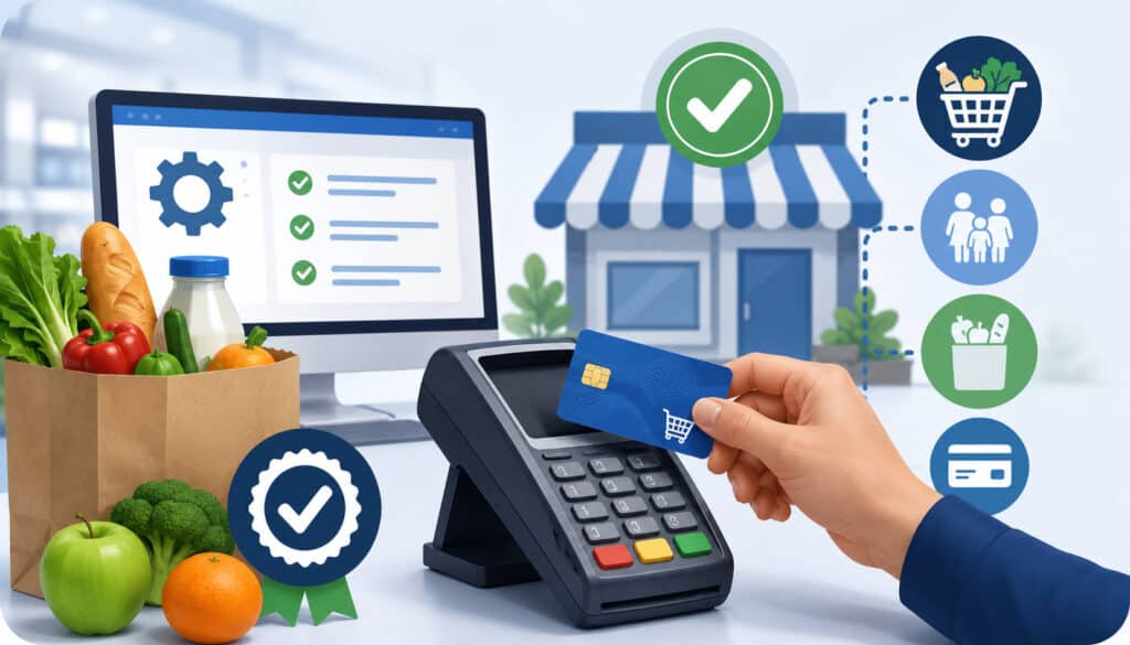Illustration of EBT payment processing setup for approved merchants with POS terminal, EBT card transaction, grocery items, approval icons, and retail storefront background
