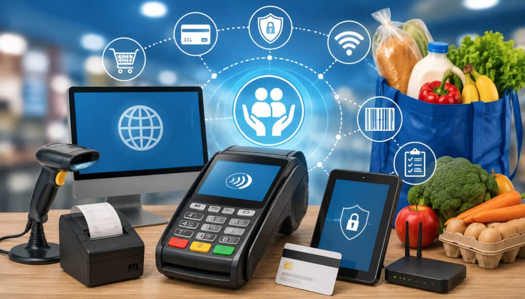 Illustration of SNAP payment processing equipment including POS terminal, barcode scanner, receipt printer, tablet, wireless router, and grocery items with secure digital payment icons in the background