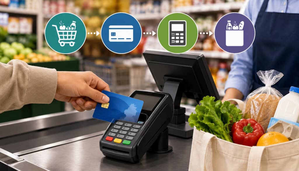 Customer using an EBT card at a grocery store checkout with POS terminal, shopping bag, and payment process icons in the background