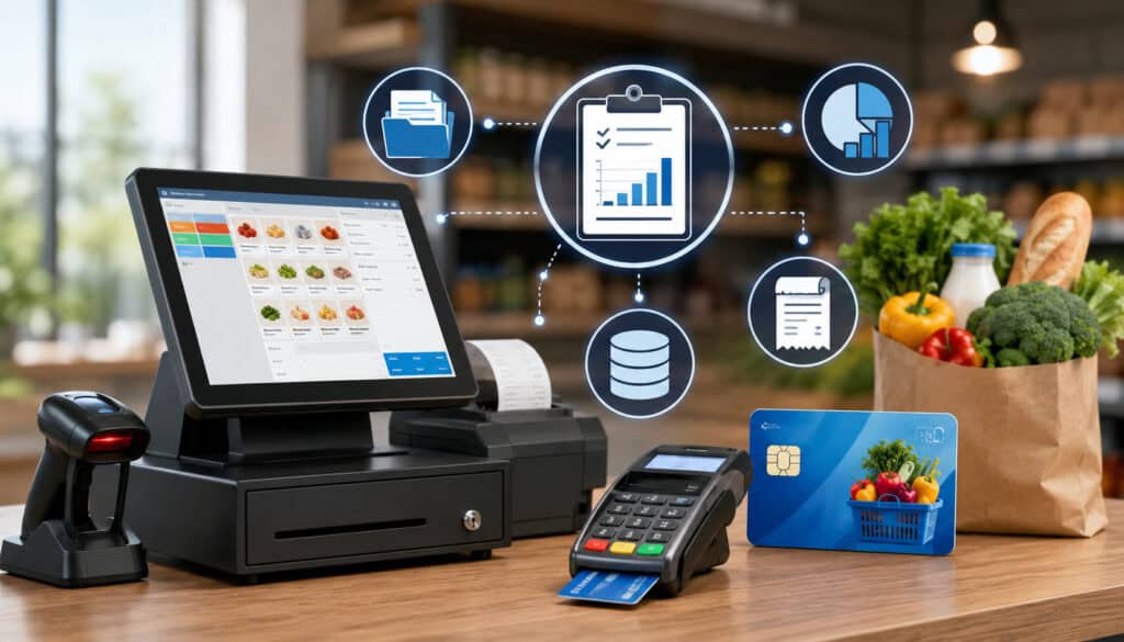 Modern POS and EBT payment system with digital recordkeeping icons, grocery checkout terminal, receipt printer, and transaction tracking illustration for retail businesses