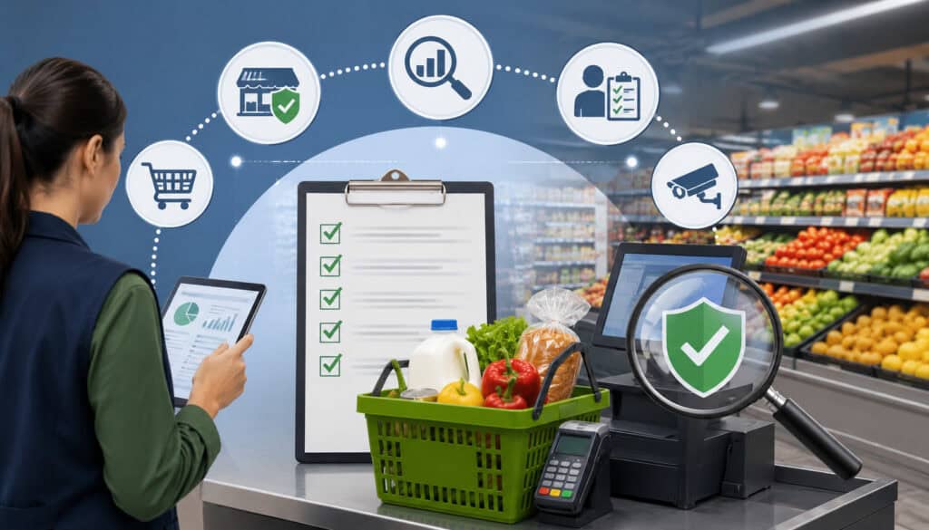 Retail store manager monitoring SNAP compliance at grocery checkout using POS system, analytics dashboard, and security verification tools