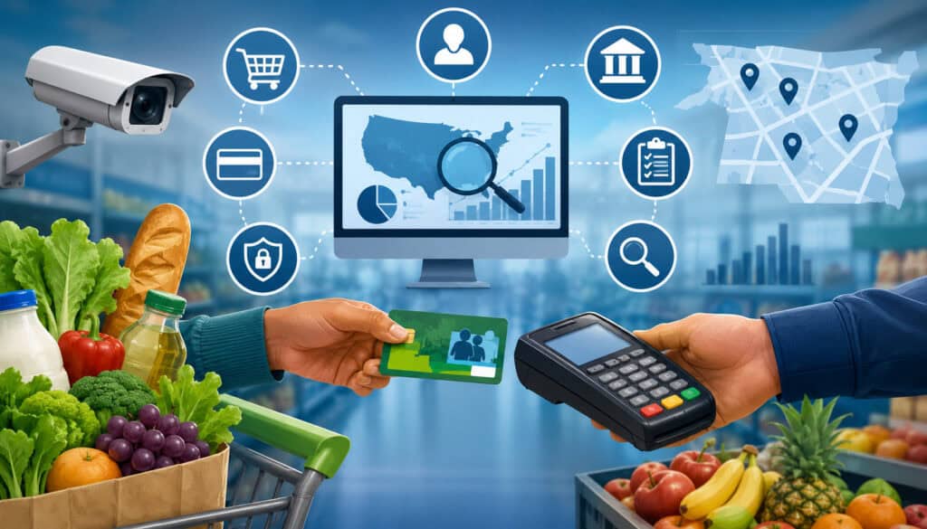 Illustration of SNAP EBT transaction monitoring system with grocery checkout, payment terminal, surveillance icons, digital analytics dashboard, and food assistance card transaction tracking