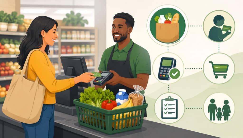 Illustration of a grocery store checkout where a shopper uses an EBT card for SNAP-eligible food purchases, with payment terminal, grocery basket, and eligibility process icons in the background