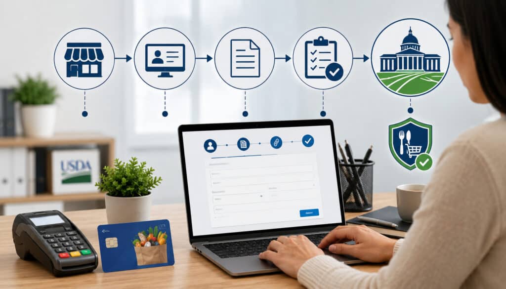 Business owner applying for USDA FNS EBT permit online with laptop, payment terminal, EBT card, and application process icons in a modern office setting