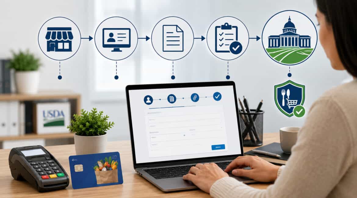 Business owner applying for USDA FNS EBT permit online with laptop, payment terminal, EBT card, and application process icons in a modern office setting