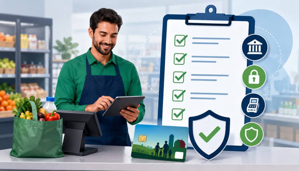 Retail merchant using a POS system with SNAP compliance checklist, security icons, and grocery items in a modern store setting