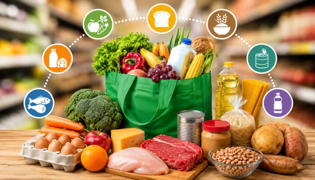 Illustration of SNAP-eligible grocery products including fresh fruits, vegetables, dairy, meat, bread, canned goods, and pantry staples in a supermarket setting