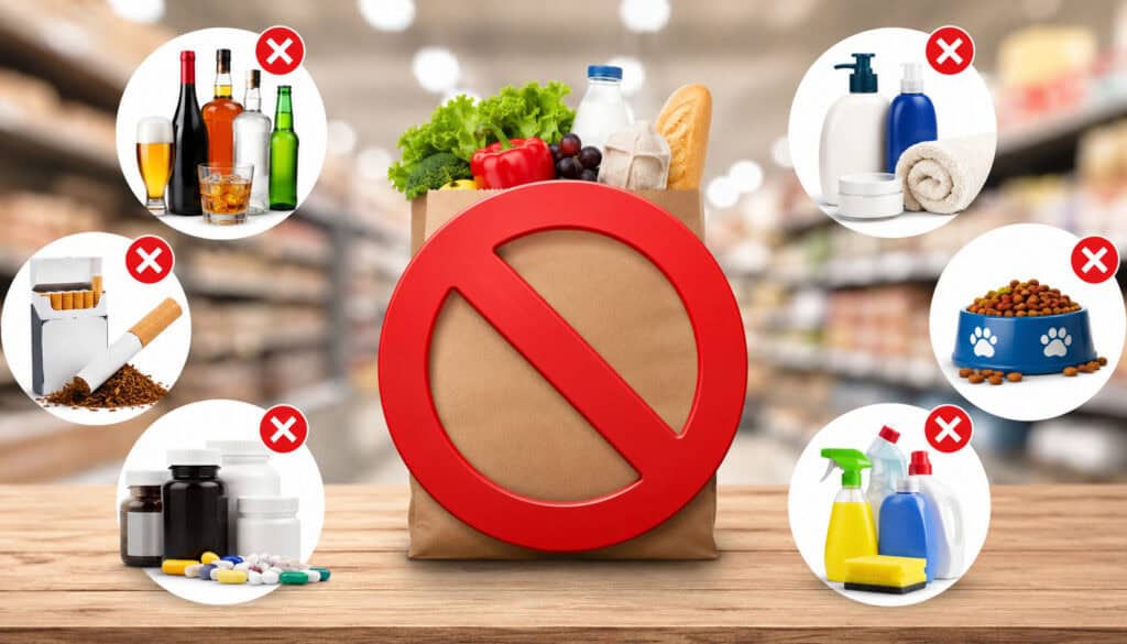 Illustration of SNAP non-eligible products including alcohol, cigarettes, cleaning supplies, pet food, and supplements with prohibited purchase symbols in a grocery store setting