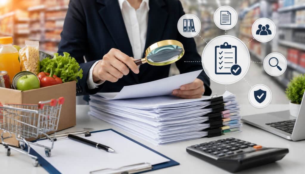 Retail store owner reviewing SNAP retailer audit documents with payment terminal, grocery items, compliance checklist, and financial icons in a modern retail environment