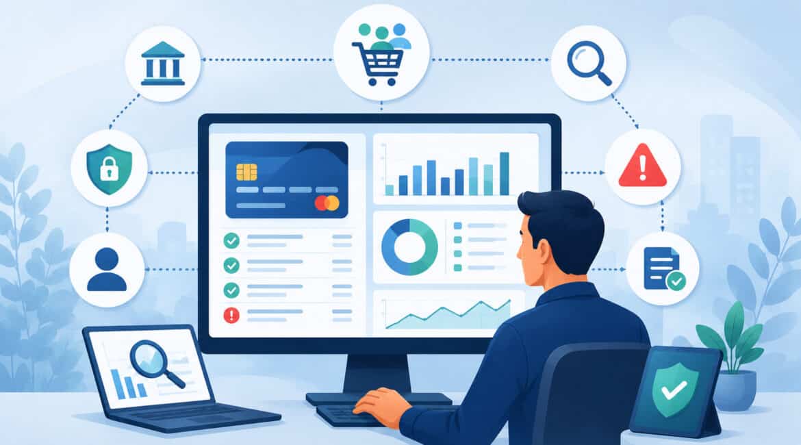Digital dashboard monitoring SNAP transactions with fraud detection analytics, payment security icons, retail activity tracking, and compliance alerts