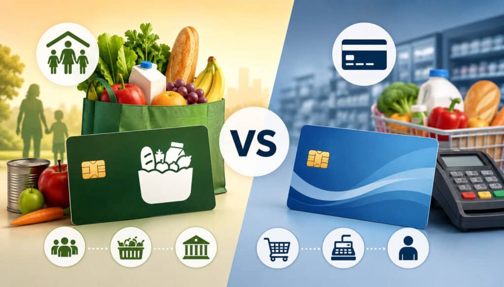 Illustration comparing SNAP benefits and EBT payment cards with grocery items, shopping cart, payment terminal, and food assistance icons in a modern retail setting