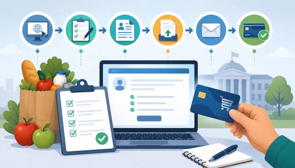 Illustration of the step-by-step EBT permit application process featuring online forms, document submission, approval icons, grocery items, and an EBT card in a modern workflow design