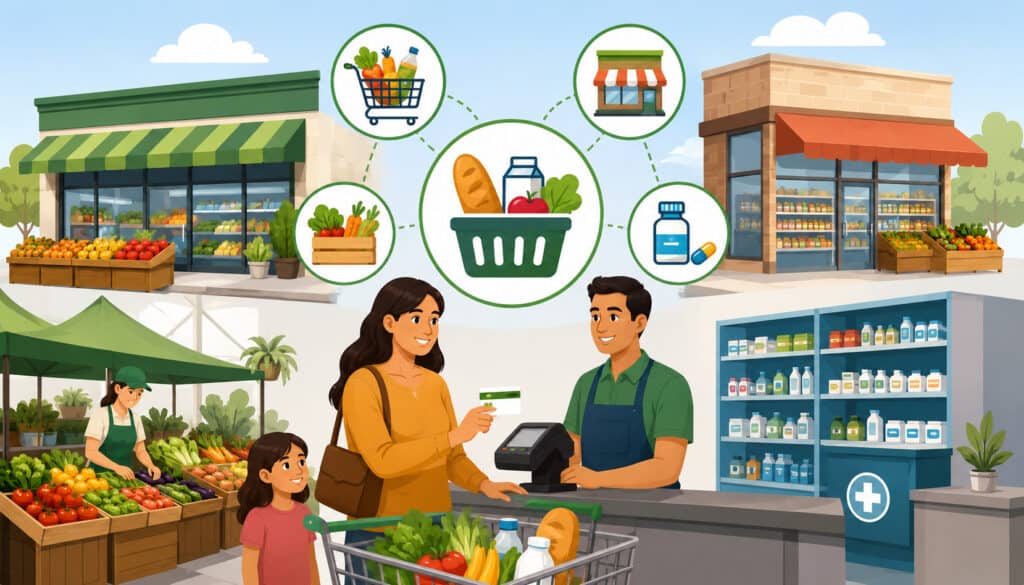 Illustration of grocery stores, farmers markets, pharmacies, and local retailers accepting SNAP payments with shoppers using an EBT card at checkout