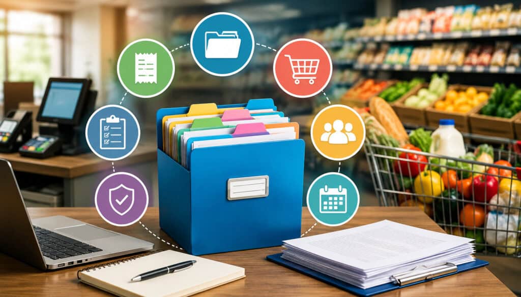 Organized recordkeeping system for SNAP retailers with grocery store background, business documents, inventory files, compliance checklist icons, and point-of-sale setup