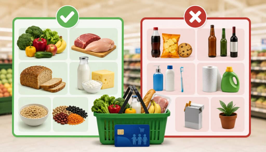 Illustration comparing SNAP eligible and non-eligible products in a grocery store with fresh food items, household goods, shopping basket, EBT card, and approval or restriction icons