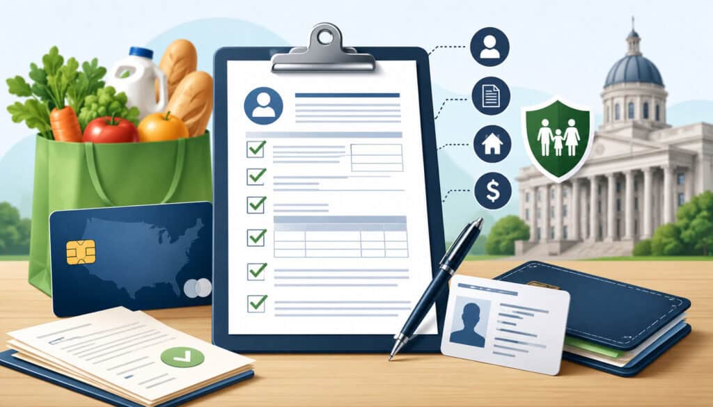 Illustration of USDA FNS EBT application requirements with EBT card, documents, grocery items, identification card, and government assistance approval process
